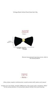 Size diagram of black velvet bow hair clip with pearl center, 13.5cm length and alloy base