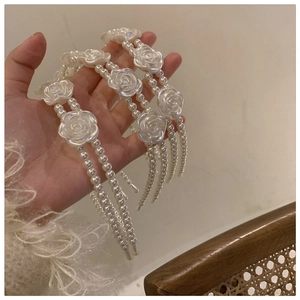 Detail of double-layer faux pearl headband with elegant white rose flower decorations