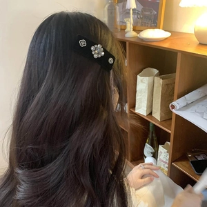 Elegant black velvet baroque hair clip with sparkling floral rhinestones and pearls
