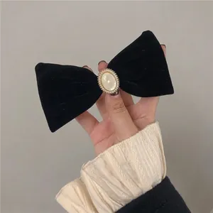 French Vintage Black Satin Bowknot Hair Clip With Elegant Faux Artificial Pearl Detail Spring Clip For Women Hair Accessories