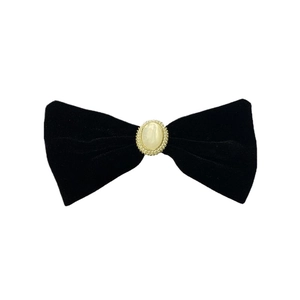 French style black velvet bow hair clip with pearl and gold metal rim detail