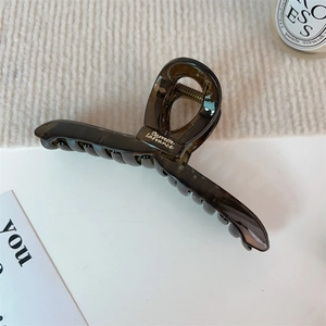 Détail d'une grande pince à cheveux ambre avec inscription dorée Barrette La France