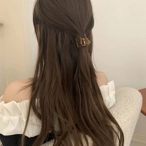 Detail of small brown tortoiseshell hair claw clip securing a half-up ponytail on a model