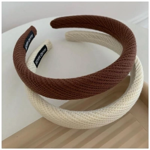 Set of two thick French sponge headbands in dark brown and beige knitted fabric