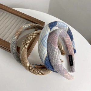 Women Vintage Plaid Woolen Thick Headband Korean High Top Sponge Padded Hair Band Elegant Autumn Winter Hair Accessories
