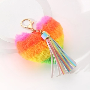 Rainbow Gradient Plush Heart Keychain With Colorful Tassel Gold Lobster Clasp Cute Pom Pom Heart Keyring For Bag Charm Women Gift