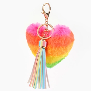 Rainbow heart-shaped plush keychain with colorful leather tassel and gold ring