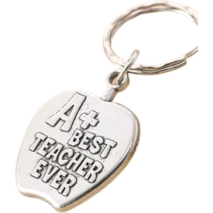 Silver apple shaped keychain with A+ Best Teacher Ever engraving for appreciation gift