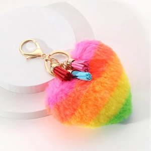 Rainbow Gradient Heart Shaped Plush Keychain With Tassels Artificial Fur Bag Charm Accessories For Women Car Key Ring