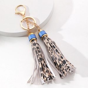 Trendy Double Tassel PU Leather Keychain With Gold Alloy Hardware Fashion Leopard Print Colorful Bag Charm Car Key Pendant For Women