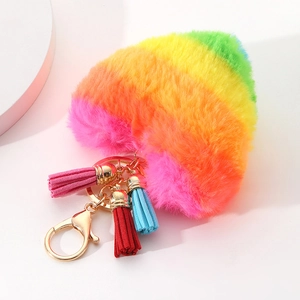 Rainbow heart faux fur keychain with colorful tassels and gold lobster clasp