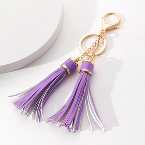 Purple double-layer leather tassel keychain with gold lobster clasp and key ring for bags