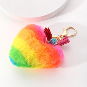 Rainbow faux fur heart keychain with colorful leather tassels and gold metal hardware