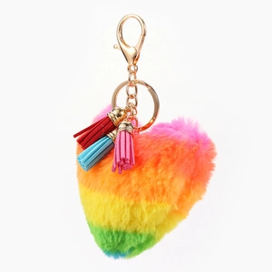 Rainbow heart faux fur keychain with colorful tassels and golden metal lobster clasp