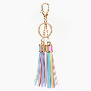 Detail of colorful macaron tassel keychain with gold lobster clasp and flat ring