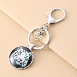 White Tiger Portrait Time Gem Glass Dome Keychain Silver Alloy Metal Ring Lobster Clasp Animal Art Bag Hanging Pendant