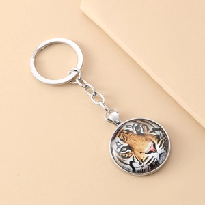 Tiger pattern glass dome keychain with polished silver metal keyring and pendant