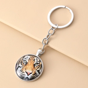 Realistic Tiger Face Pattern Round Glass Cabochon Keychain Zinc Alloy Metal Keyring For Men Women Bag Hanging Ornament Gift