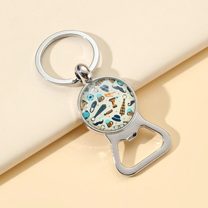 Macro detail of Father's Day metal keychain with beer bottle opener and tie design