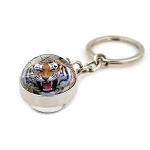 Detailed view of creative metal tiger keychain with glass cabochon showing a roaring tiger