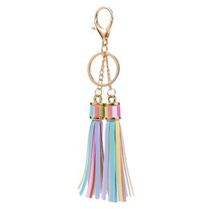 Colorful PU leather double tassel keychain with gold lobster clasp and rings on white background