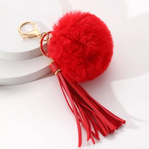 Korean Style Pom Pom Tassel Keychain For Women Bag Charm Artificial Plush Ball Alloy Keyring PU Leather Tassel Pendant Gift
