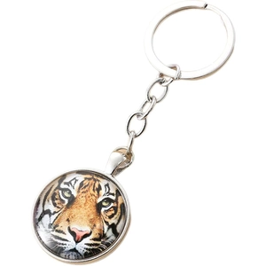 Tiger glass dome pendant keychain with silver metal alloy ring and realistic animal portrait