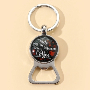 Polished silver metal bottle opener keychain with Father's Day coffee theme design