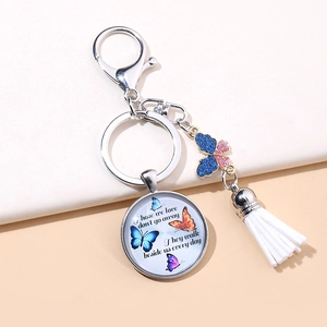 Butterfly Dragonfly Hummingbird Alloy Glass Time Gem Keychain With White Tassel Memorial Quote Keyring For Women Gift