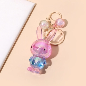 Porte-clés lapin mignon en résine dégradée avec paillettes et anneau en métal doré