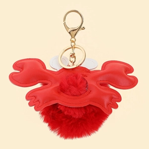 Red PU leather crab pompom keychain with golden metal ring for handbag charm