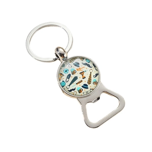 Father's Day bottle opener keychain with silver metal finish and decorative glass icons