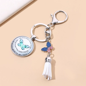 Silver butterfly memorial keychain with quote glass gem and white leather tassel