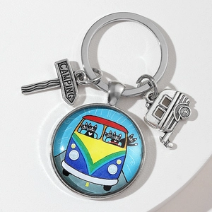 Silver camping keychain with cat van illustration glass dome and camping sign charm