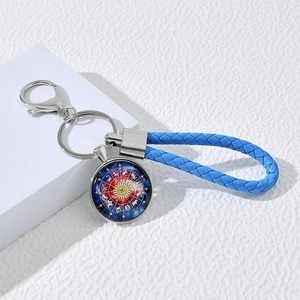 Porte-clés Décapsuleur Boule de Verre Douze Signes du Zodiaque Lanière en Cuir Tressé Bleu Pendentif en Alliage pour Homme Femme