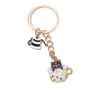 Cute enamel teacup cat keychain with floral tea pot charm in gold-tone metal plating