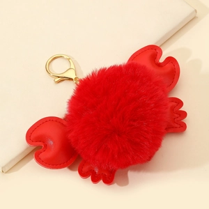 Red crab faux fur pompom keychain with PU leather legs and gold lobster clasp