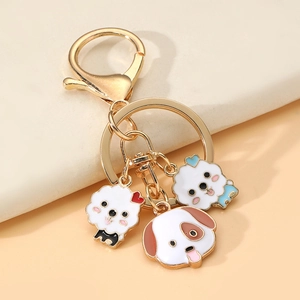 Cute cartoon puppy dog keychain with enamel pendants and gold ring for bags