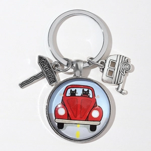 Camping Theme Metal Keychain For Women Men Cartoon Cat Driving Car Glass Time Gem Pendant Zinc Alloy Key Ring Jewelry Gift