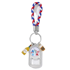 USA flag metal bottle opener keychain with woven strap and beer charms on white backdrop