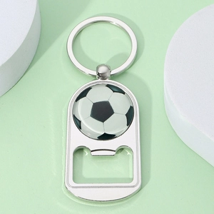 Polished silver metal bottle opener keychain featuring a classic black and white soccer ball