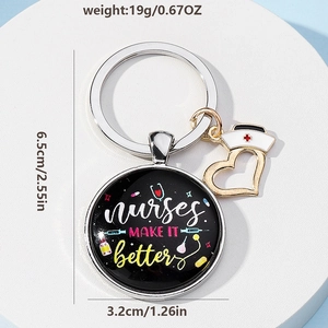 Detailed view of Nurse keychain featuring silver metal heart and nurse hat charms