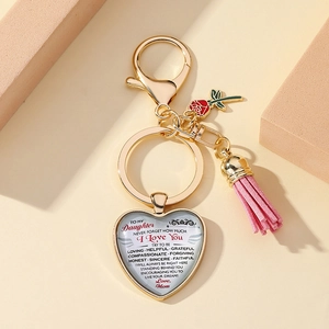 Golden heart pendant keychain with rose and tassel for Mother's Day gift set