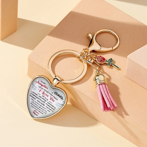 Golden heart keychain with pink tassel and red rose pendant for Mother's Day gift