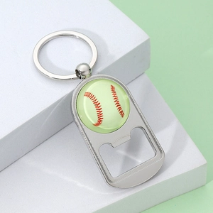 Polished silver metal baseball bottle opener keychain with a green decorative glass inlay
