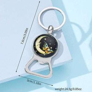 Detail view of moon and butterfly metal bottle opener keychain with size measurements
