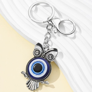 Creative owl keychain with blue evil eye pendant on silver metal ring and lobster clasp