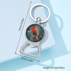 Detail view of red cardinal bird keychain bottle opener with 7.8cm x 3cm dimensions