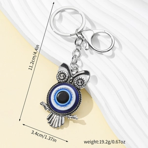 Creative owl keychain with blue evil eye pendant, silver metal ring for car and bag charms