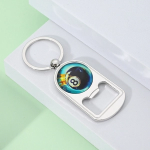 Polished silver metal bottle opener keychain featuring a black number 8 pool ball design